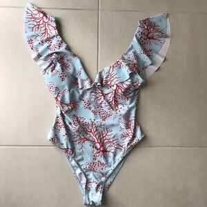 Shein One Piece Swimsuit Multicolor Print Ruffled Padded